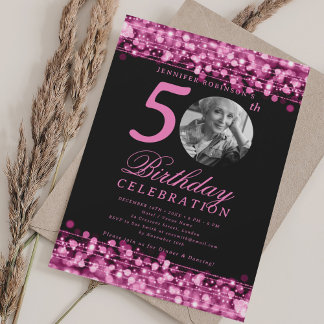 Invitación Elegante foto 50.ª fiesta de cumpleaños luces rosa