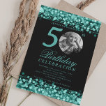 Invitación Elegante foto 50.ª fiesta de cumpleaños Luces Verd<br><div class="desc">Un elegante diseño de la fiesta "50th Birthday" con foto personalizada,  tipografía moderna y fondo de luces de cuerda.</div>