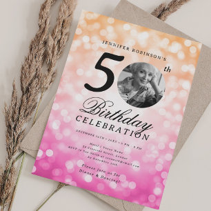 Invitación Elegante foto 50.º Naranja rosado de cumpleaños Om