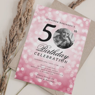 Invitación Elegante foto 50 cumpleaños fiesta Rubor Pink Boke