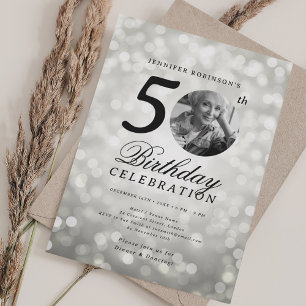 Invitación Elegante foto 50 cumpleaños fiesta Silver Bokeh