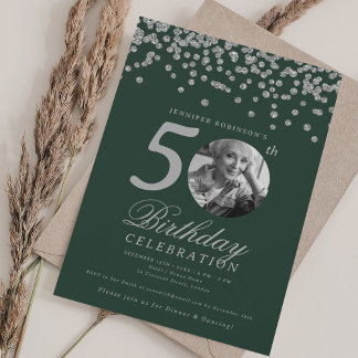 Invitación Elegante foto 50 cumpleaños Silver Confetti Green