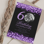 Invitación Elegante foto 60º cumpleaños fiesta Luces moradas<br><div class="desc">Un elegante diseño de la fiesta de cumpleaños número 60 con foto personalizada,  tipografía moderna y fondo de luces de cuerda.</div>