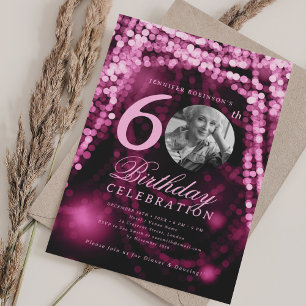 Invitación Elegante foto 60º cumpleaños Luces de vidrio rosad