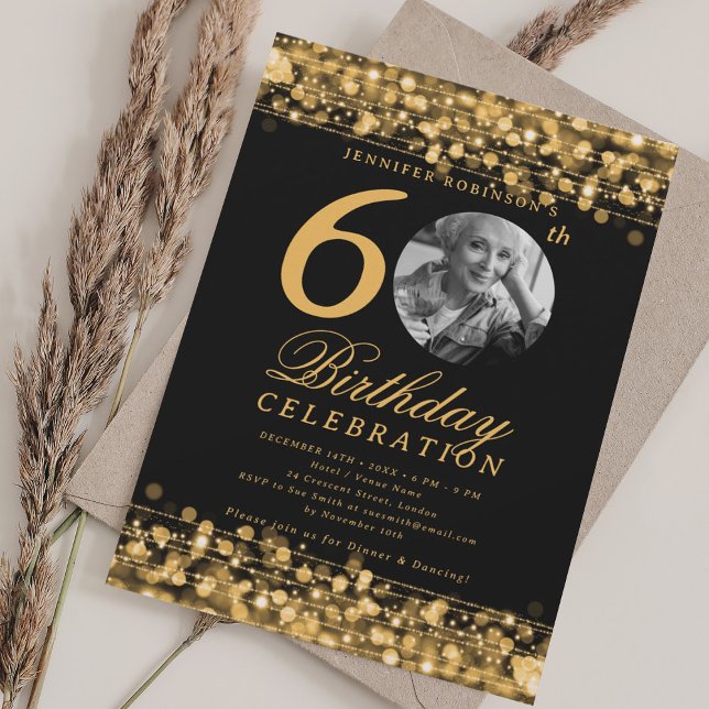 Invitación Elegante foto 60.ª fiesta de cumpleaños Luces de o (Elegant Photo 60th Birthday Party Gold Lights Invitation)