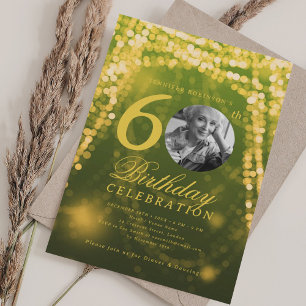 Invitación Elegante foto 60.º cumpleaños Luces de oro verde