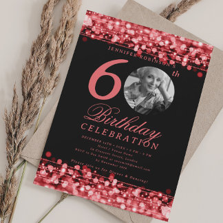 Invitación Elegante Foto 60.º Partido de Cumpleaños Luces Roj