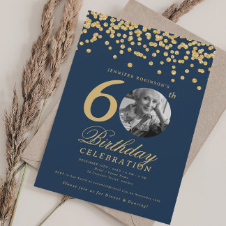 Invitación Elegante foto 60 cumpleaños Confetti Navy Blu