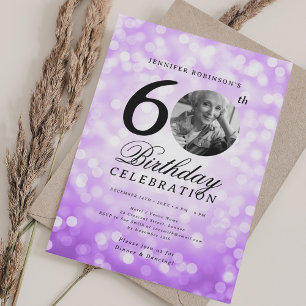 Invitación Elegante foto 60 cumpleaños fiesta Purple Bokeh