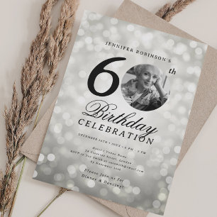 Invitación Elegante foto 60 cumpleaños fiesta Silver Bokeh