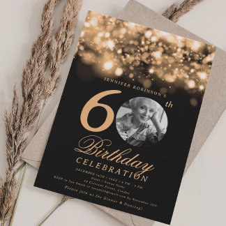 Invitación Elegante foto 60 cumpleaños Glam de oro de mediano