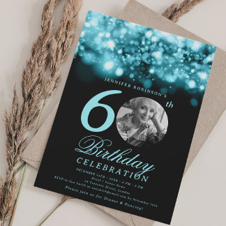 Invitación Elegante foto 60 cumpleaños Glam Turquoise