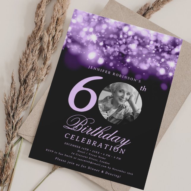 Invitación Elegante foto 60 cumpleaños Morple Midnight Glam (Elegant Photo 60th Birthday Purple Midnight Glam Invitation)