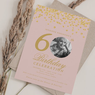 Invitación Elegante foto 60 cumpleaños Purpurina de oro Rubor