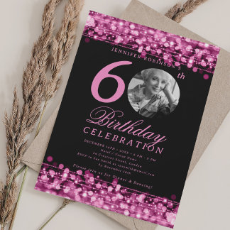 Invitación Elegante foto 60° fiesta de cumpleaños luces rosad