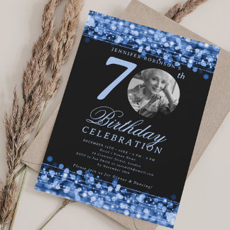 Invitación Elegante foto 70.ª fiesta de cumpleaños luces azul
