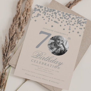 Invitación Elegante Foto 70 Cumpleaños Champán Plateado