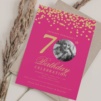 Invitación Elegante foto 70 cumpleaños dorado rosado caliente