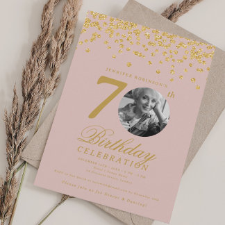 Invitación Elegante foto 70 cumpleaños dorado Rubor Pink