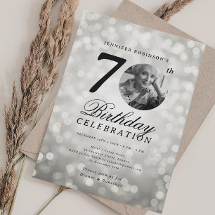 Invitación Elegante foto 70 cumpleaños fiesta Silver Bokeh