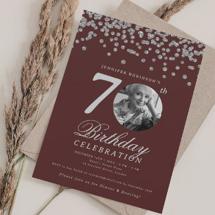 Invitación Elegante foto 70 cumpleaños fiesta Silver Borgoña