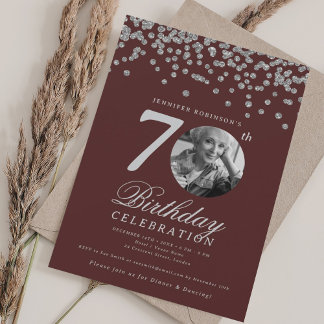Invitación Elegante foto 70 cumpleaños fiesta Silver Borgoña