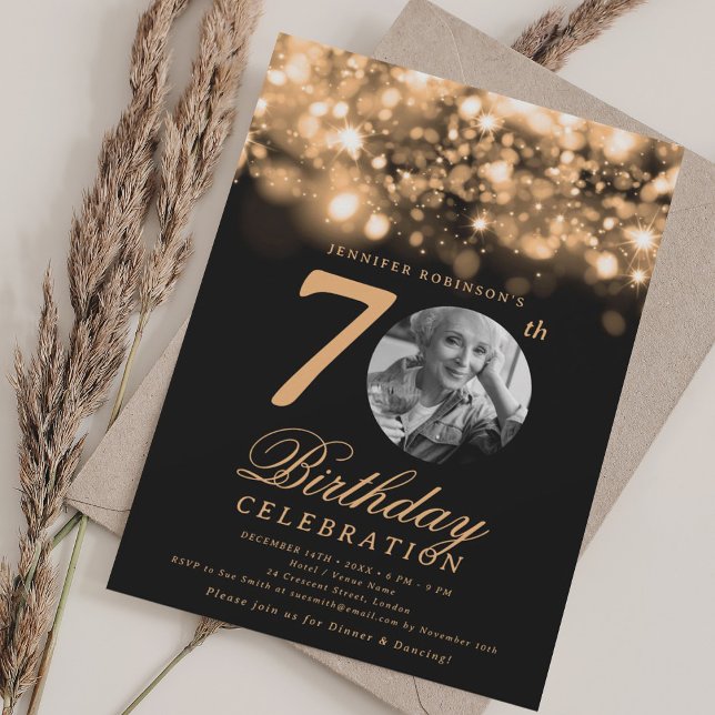 Invitación Elegante foto 70 cumpleaños Glam de oro de mediano (Elegant Photo 70th Birthday Gold Midnight Glam Invitation)