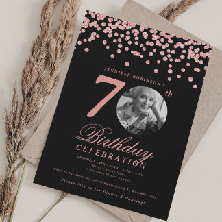 Invitación Elegante foto 70 cumpleaños Rosa de oro negro