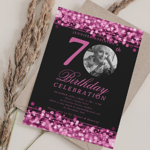 Invitación Elegante foto 70° fiesta de cumpleaños luces rosad