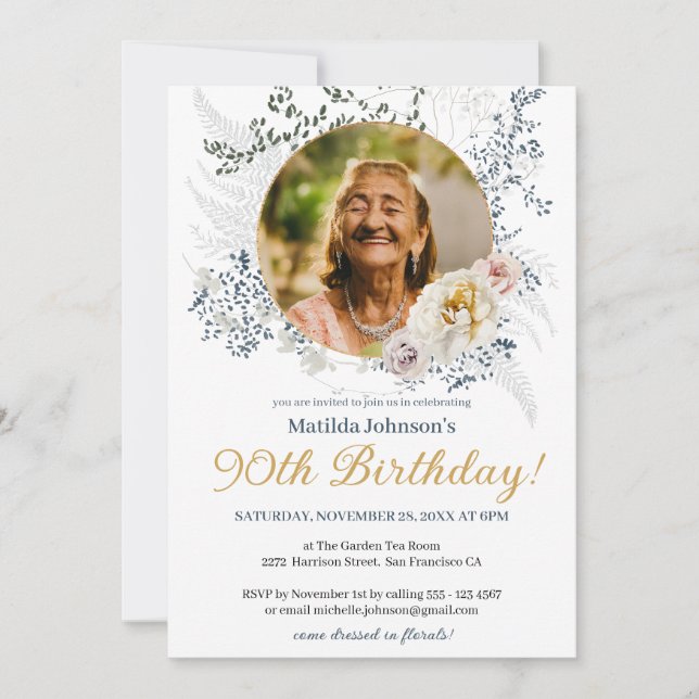 Invitación Elegante foto amarillo floral 90 cumpleaños (Anverso)