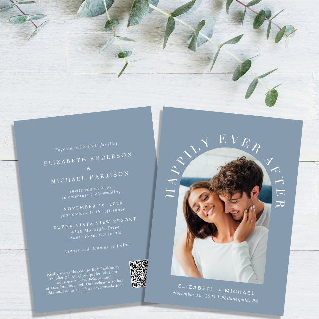 Invitación Elegante Foto Arch Código QR Boda azul turbio (Celebrate your love story with an invitation showcasing your favorite photo in an elegant arch frame)