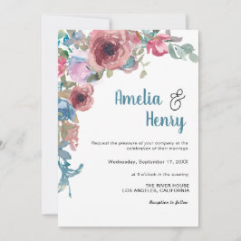 Invitación Elegante foto azul color de agua rosa azul Boda fl