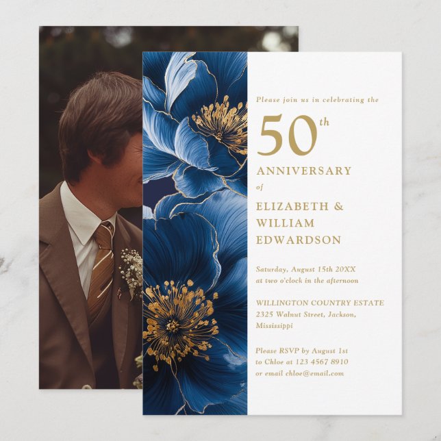 Invitación Elegante foto azul dorada floral 50 aniversario (Anverso / Reverso)