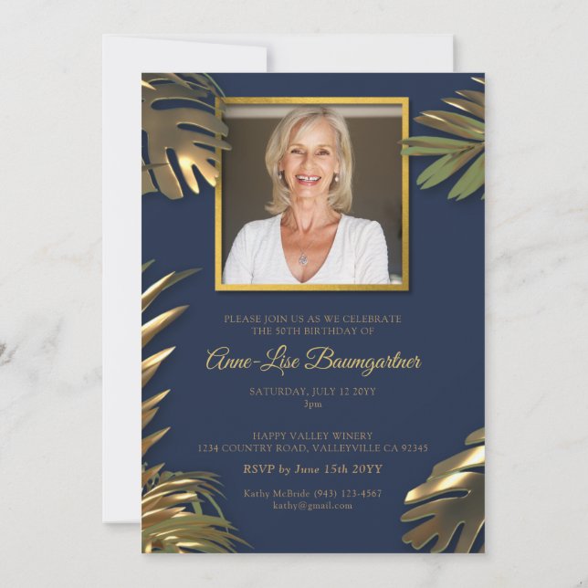 Invitación Elegante foto azul dorado 50 cumpleaños (Reverso)