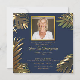 Invitación Elegante foto azul dorado 50 cumpleaños