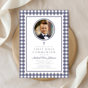 Invitación Elegante Foto Azul Marino Niño Primera Comunión