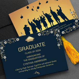 Invitación Elegante Foto Azul Marino y Floral Dorado 