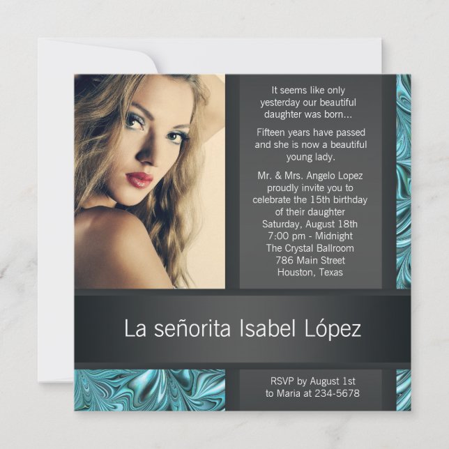 Invitación Elegante foto azul negro y Verde azulado Quinceane (Anverso)