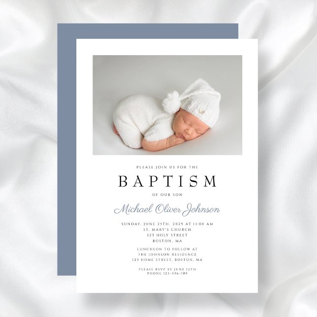 Invitación Elegante foto azul turbio bautismo (Elegant Dusty Blue Photo Boy Baptism Invitation)