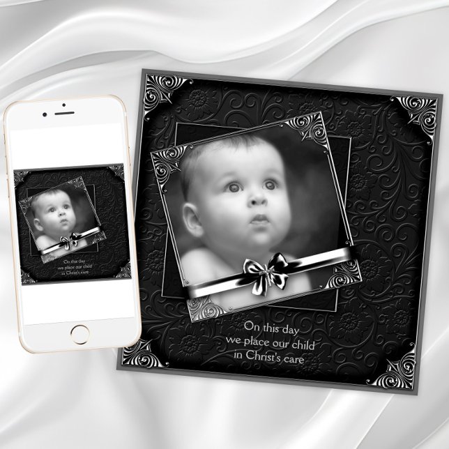 Invitación Elegante Foto Bautizo (Elegant black silver photo christening and baptism invitation. Add your own text and photo.)