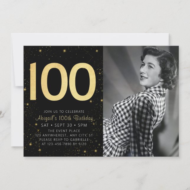 Invitación Elegante foto Black Gold 100 cumpleaños (Anverso)