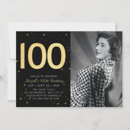 Invitación Elegante foto Black Gold 100 cumpleaños