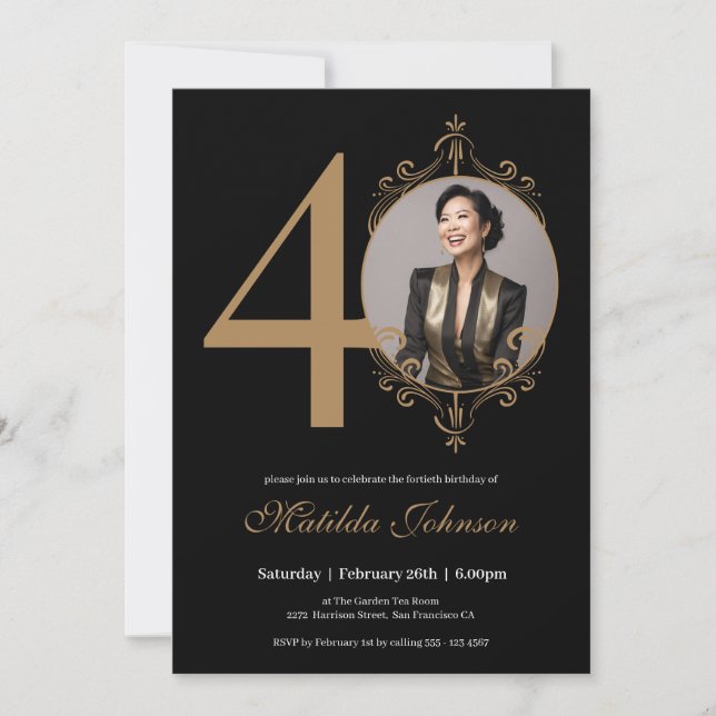 Invitación Elegante foto Black Gold 40 cumpleaños (Anverso)