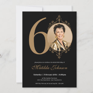 Invitación Elegante foto Black Gold 60 cumpleaños