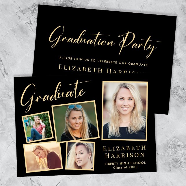 Invitación Elegante foto Black Gold Graduation Party (Our user-friendly template makes it a breeze to upload your photos and personalize your invitation)