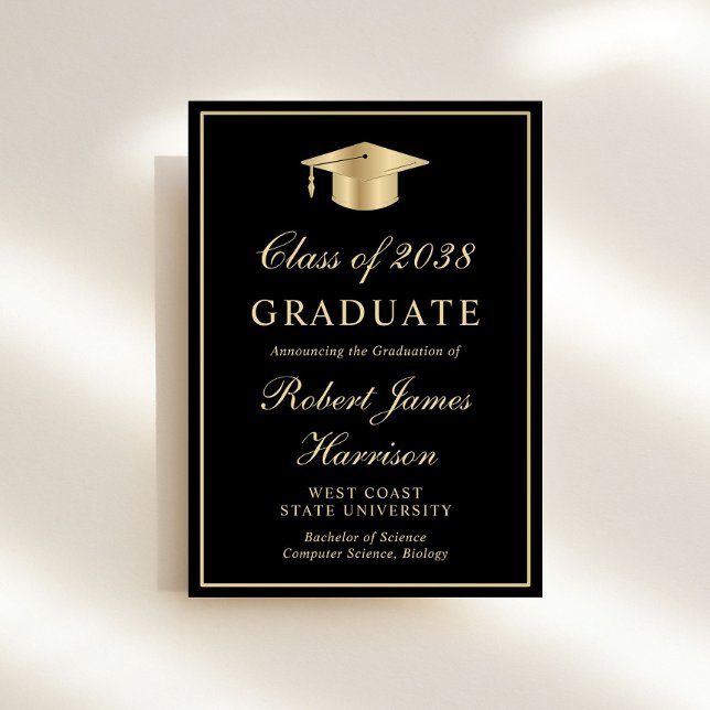 Invitación Elegante foto Black Gold Graduation Party (An elegant college graduation party invitation to celebrate the graduate's achievements)
