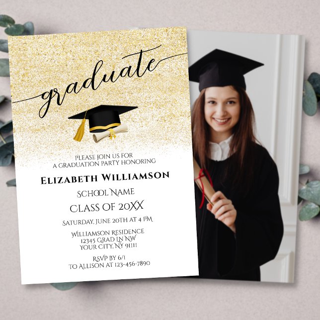Invitación Elegante foto Black Gold Script Graduación Party (Subido por el creador)