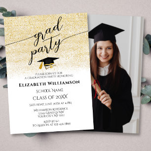 Invitación Elegante foto Black Gold Script Graduación Party