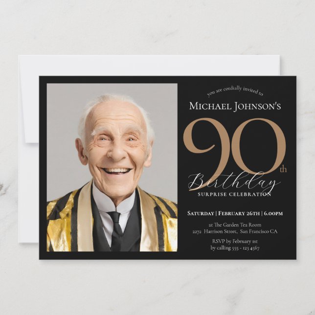 Invitación Elegante foto Black Gold Sorpresa 90 cumpleaños (Anverso)