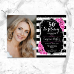 Invitación Elegante foto Black Silver Rosa 50 cumpleaños<br><div class="desc">Elegante invitación de 50 años floral femenina con tu foto. Diseño de color rosa negro brillante con una falsa plata purpurina. Presenta rayas en blanco y negro, rosas, letra de guión y confeti. Perfecto para un elegante fiesta de celebración de cumpleaños. Personaliza con tus propios detalles. ¡Se puede personalizar para...</div>